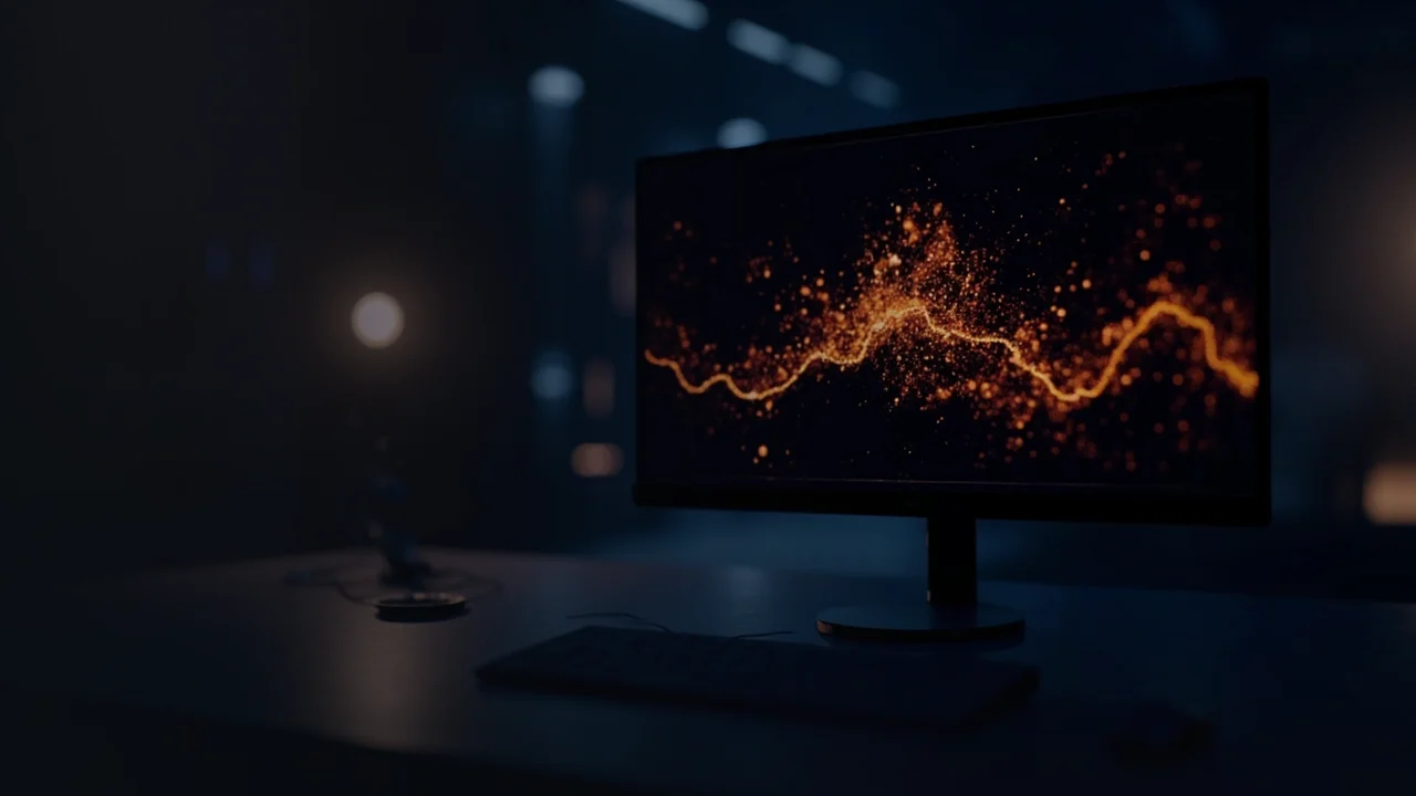Et mørkt skrivebord med en skærm, der viser glødende orange heatmap-klynger.