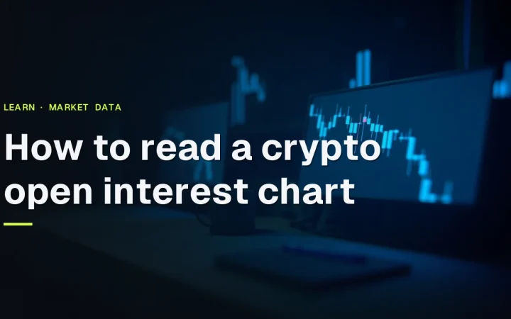 How to read a crypto open interest chart med glødende blå diagramlinjer på mørke navy skærme og en notesbog.