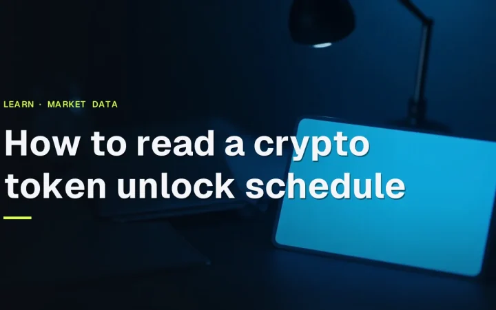 The title How to read a crypto token unlock schedule over a dark desk with a glowing tablet, folder and clock.