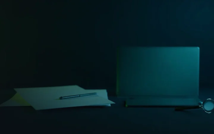 En stak blanke papirer, et forstørrelsesglas, en lukket laptop og en pen på et mørkt skrivebord med limegrønt lys.