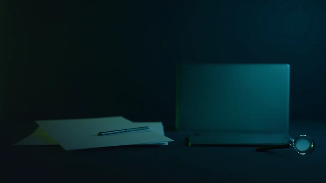En stak blanke papirer, et forstørrelsesglas, en lukket laptop og en pen på et mørkt skrivebord med limegrønt lys.