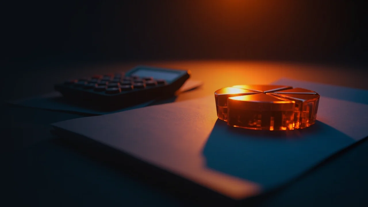 A dark desk with a glowing orange pie chart of glass wedges, blank papers and a dark calculator on the right, left side empty.