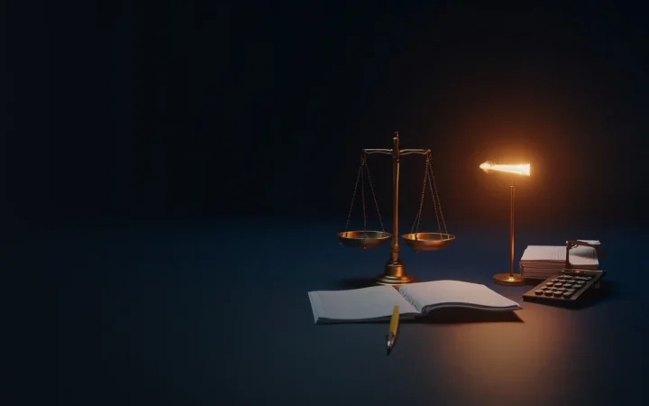 주황색 빛 아래 빈 계산기, 장부, 펜, 저울이 놓인 어두운 책상.