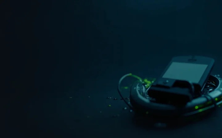 A dark navy scene with a hardware wallet on a steel plate and a padlock, lit by lime green accents.