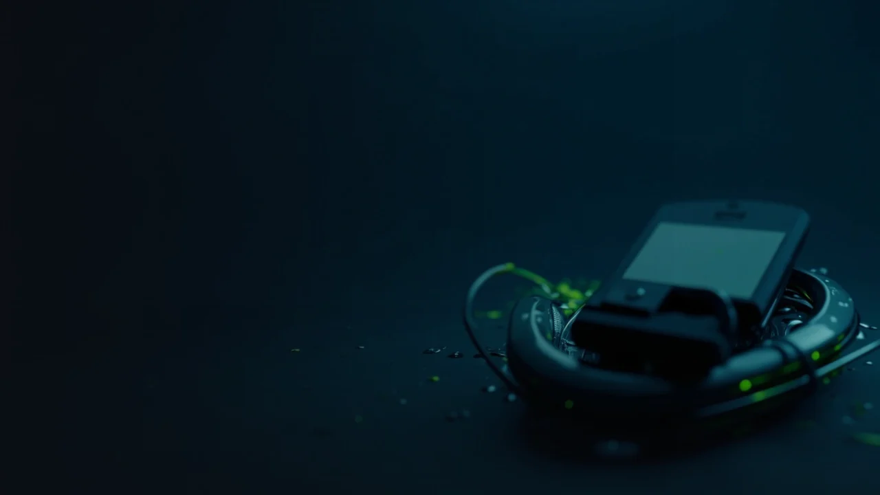 Una escena en azul marino oscuro con una cartera hardware sobre una placa de acero y un candado, iluminada por acentos verde lima.