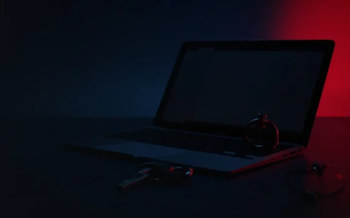 A dark desk with a laptop, a security key and a padlock in red light.