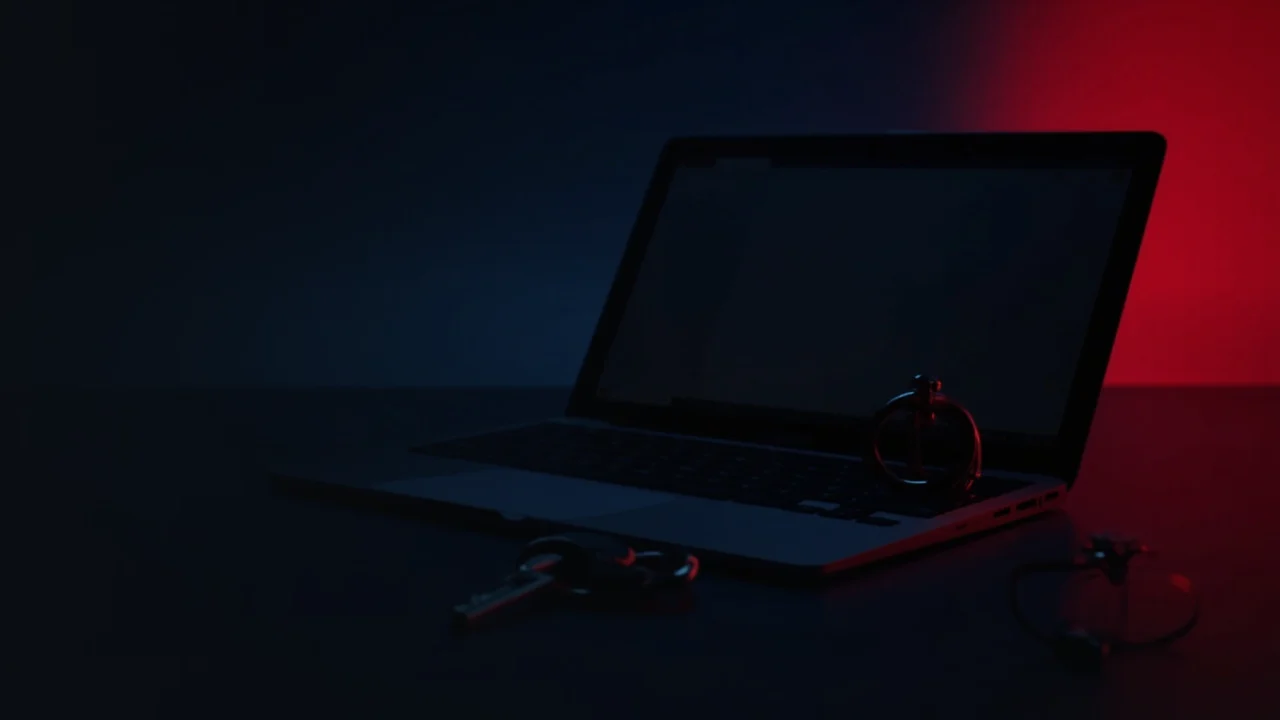 Un escritorio oscuro con un portátil, una llave de seguridad y un candado bajo luz roja.