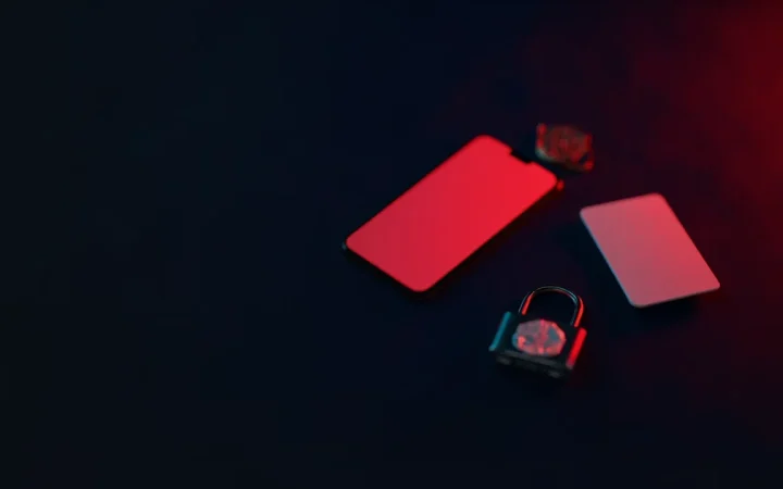 Un bureau bleu marine foncé avec un téléphone à écran vide, une carte vierge, un cadenas et une étiquette bouclier rougeoyant à droite, côté gauche vide.