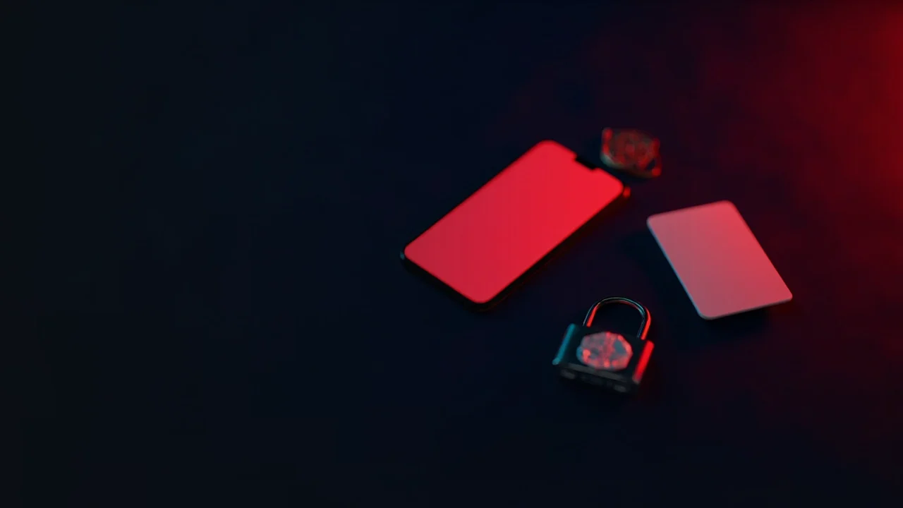 A dark navy desk with a blank-screen phone, blank card, padlock and shield tag glowing red on the right, left side empty.