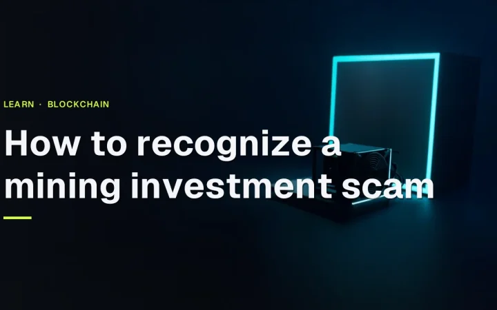 A dark desk with a mining rig and glowing cyan accents, with the title How to recognize a mining investment scam.