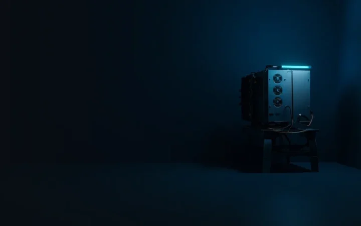 Et mørkt skrivebord med en mining-rigg og glødende cyan-aksenter.