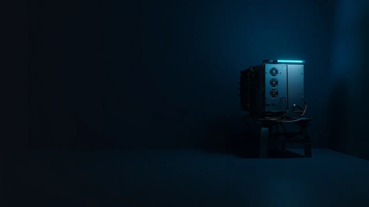 Et mørkt skrivebord med en mining-rig og glødende cyanaccenter.