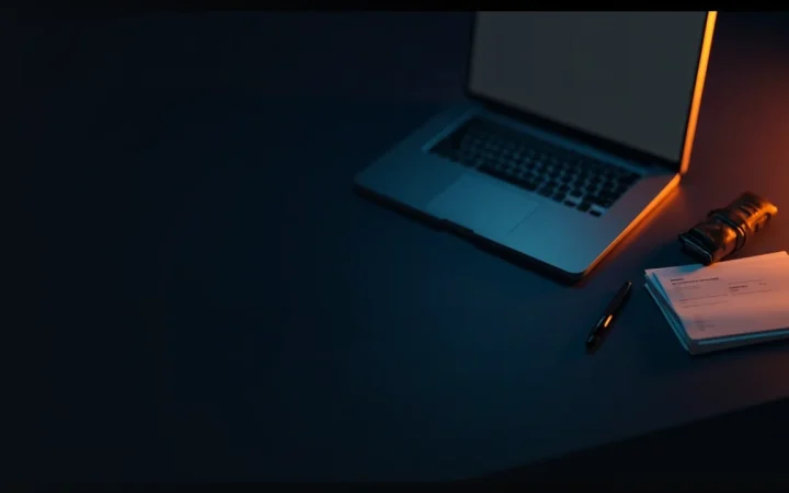 ノートパソコン、ハードウェアウォレット、白紙、ペンが置かれた暗い机。