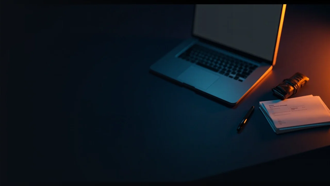 Ein dunkler Schreibtisch mit einem Laptop, einer Hardware-Wallet, leerem Papier und einem Stift.