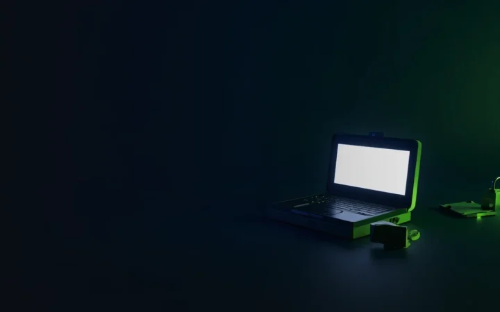 Un bureau sombre avec un portefeuille matériel vierge, une plaque en acier et un cadenas dans une lumière vert lime.