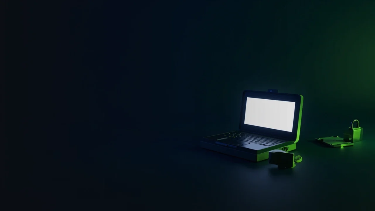 Et mørkt skrivebord med en tom hardware wallet, stålplade og hængelås i limegrønt lys.