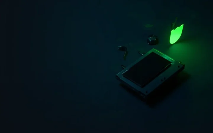 En mørk marineblå baggrund med en hardware wallet, hængelås og skjold til højre oplyst af en limegrøn glød, venstre side tom.