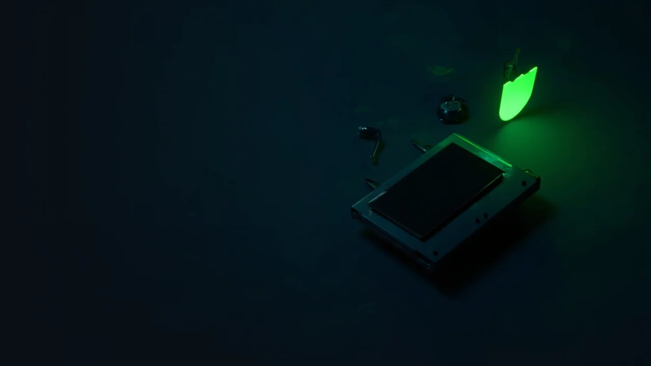 En mørk marineblå baggrund med en hardware wallet, hængelås og skjold til højre oplyst af en limegrøn glød, venstre side tom.