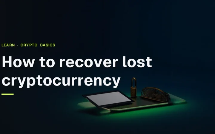 A dark navy background with a hardware wallet, padlock and shield on the right lit by lime green glow, left side empty, with the guide title over it.