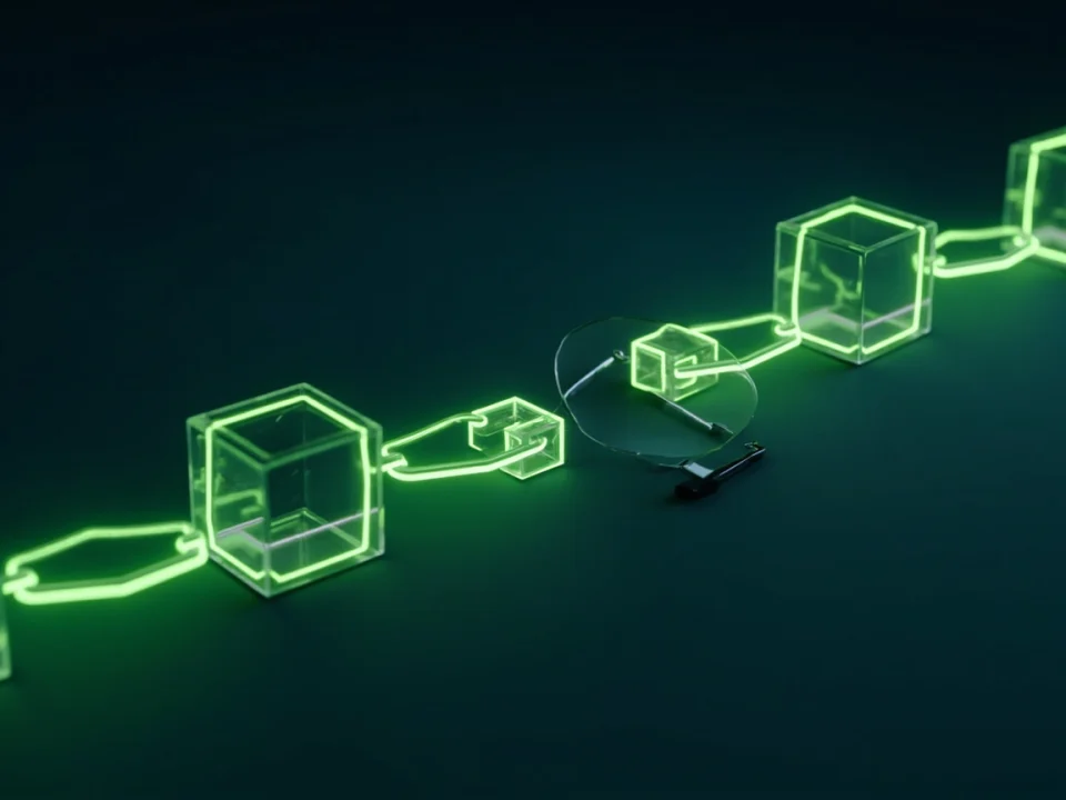 A broken chain of glass blocks with a magnifying glass shows how reporting can help track stolen crypto.