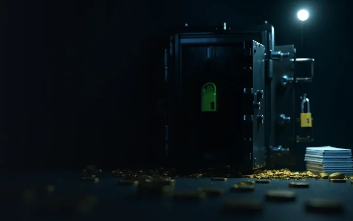 En boks med spredte blanke mønter og en hængelås illustrerer, hvor svært det er at genvinde stjålet kryptovaluta.