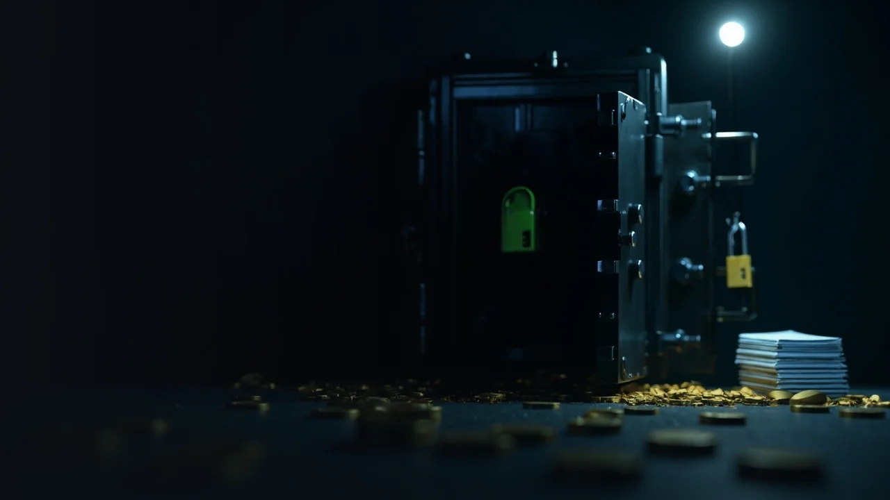 A vault with scattered blank coins and a padlock illustrates the difficulty of recovering stolen cryptocurrency.