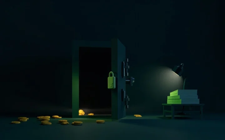 A vault with scattered blank coins and a padlock illustrates the difficulty of recovering stolen cryptocurrency.