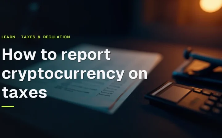 How to report cryptocurrency on taxes title over a dark desk with blank forms, a calculator and a pen.