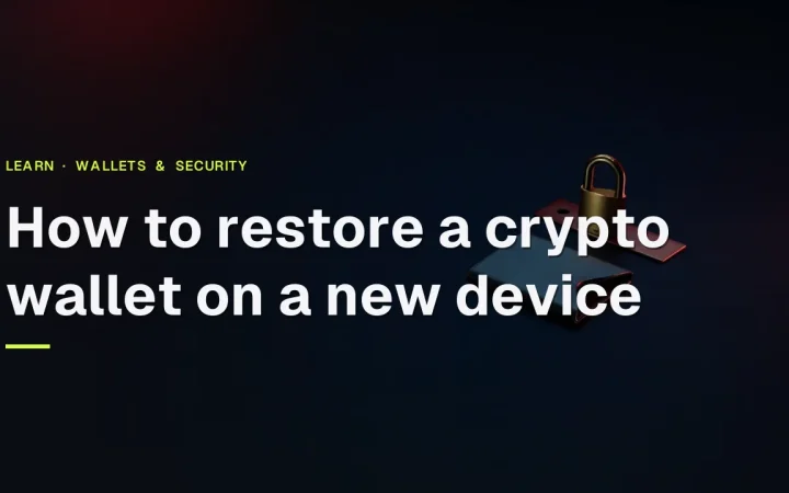 How to restore a crypto wallet on a new device title over a dark desk with a blank hardware wallet, steel plate and padlock.