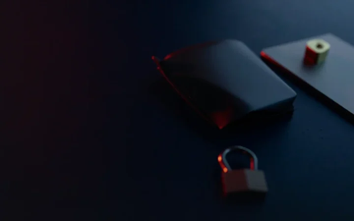 Et mørkt skrivebord med en tom hardware wallet, en stålplade og en hængelås.