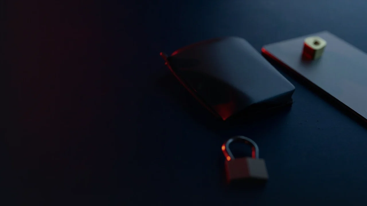 Et mørkt skrivebord med en tom hardware wallet, en stålplade og en hængelås.