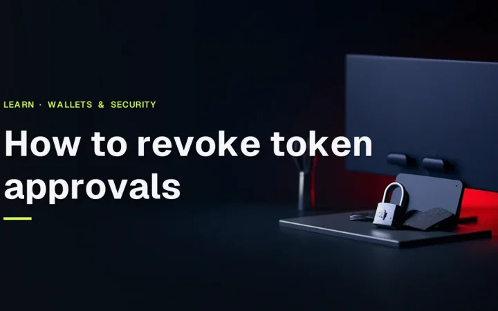 How to revoke token approvals title over a dark desk with a hardware wallet, steel plate, and padlock on the right.