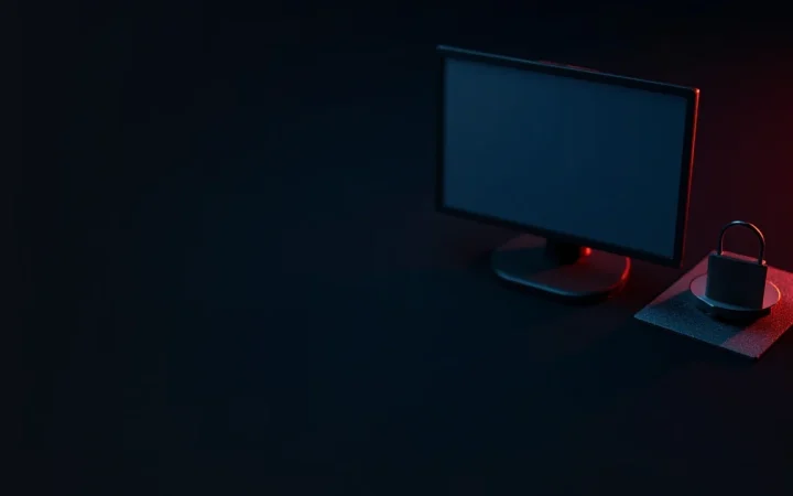 A dark desk with a hardware wallet, steel plate, and padlock on the right.
