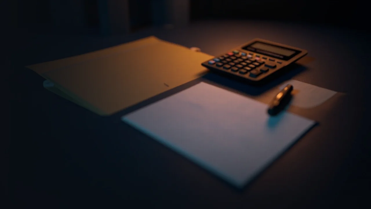 A dark desk with a folder, blank papers, a calculator and a pen on the right, lit in orange.