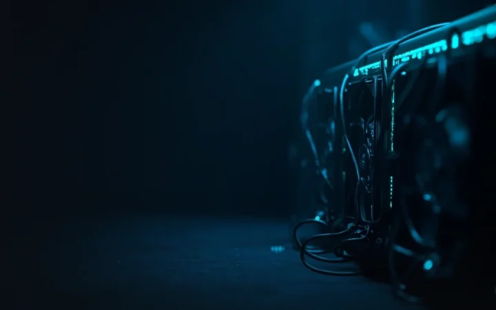 Mørke mining-maskiner med lysende cyan blæsere til højre.
