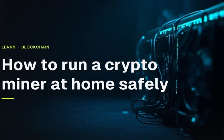 Titlen Sådan kører du en crypto miner derhjemme sikkert over mørke mining-maskiner med lysende cyanblæsere til højre.