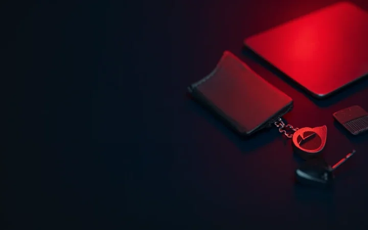 A dark desk with a hardware wallet, steel plate, and padlock on the right.