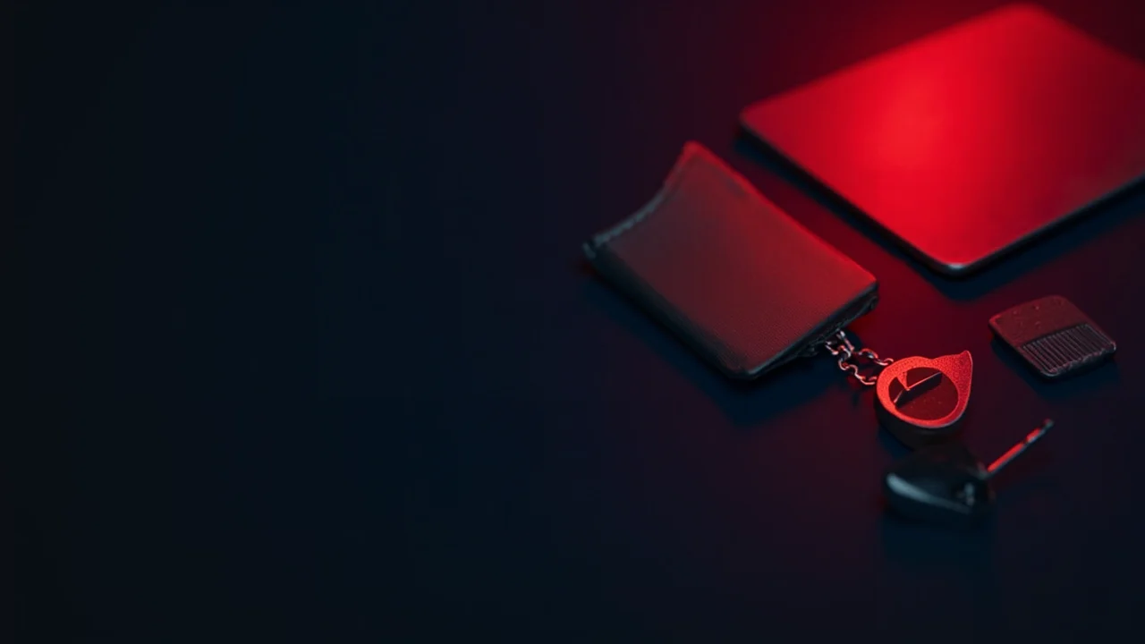 A dark desk with a hardware wallet, steel plate, and padlock on the right.