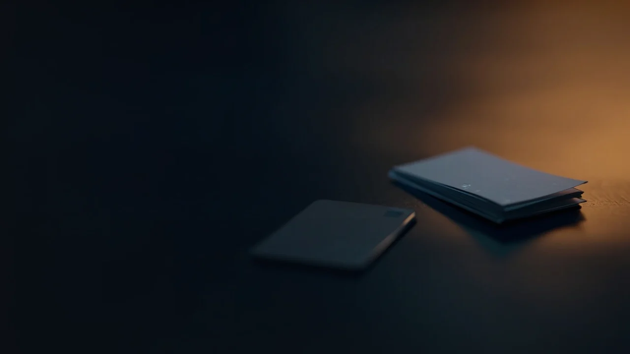 Un bureau sombre avec un téléphone, une carte bancaire vierge et des reçus en papier éclairés par une lumière dorée.