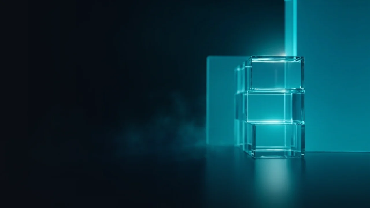 Een donker marineblauwe achtergrond met gloeiende teal glazen blokken die door licht met elkaar verbonden zijn.