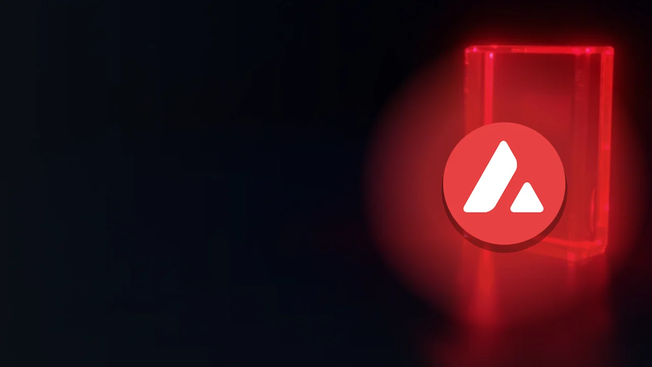 Das Avalanche-Logo über einem dunkelblauen Hintergrund mit leuchtenden roten Glasblöcken, die durch Licht verbunden sind.