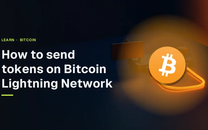 The title How to send tokens on Bitcoin Lightning Network with the Bitcoin logo over a dark desk with a glowing cable and blank-screen device.