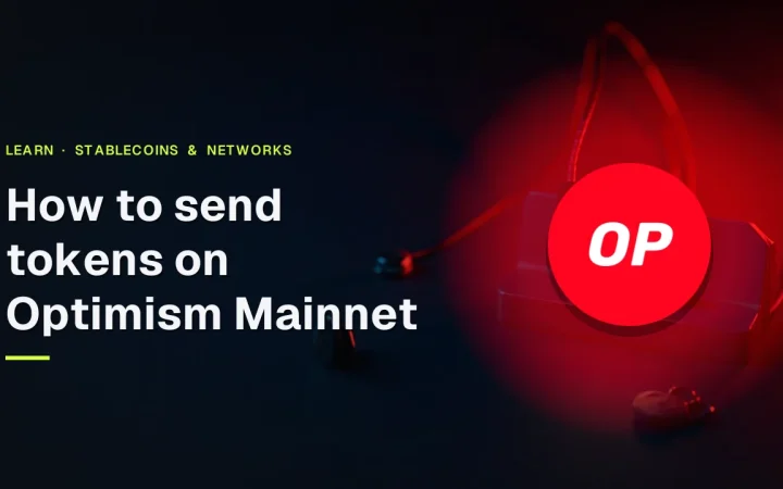 Der Titel Wie man Token auf Optimism Mainnet sendet und das Optimism-Logo über einem dunklen Schreibtisch mit einer Hardware-Wallet und einem Vorhängeschloss.