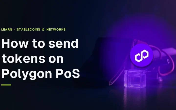 Der Titel Wie man Token auf Polygon PoS sendet mit dem Polygon-Logo über einem dunklen Schreibtisch mit einer Hardware-Wallet und einem leuchtenden violetten Netzwerkkabel