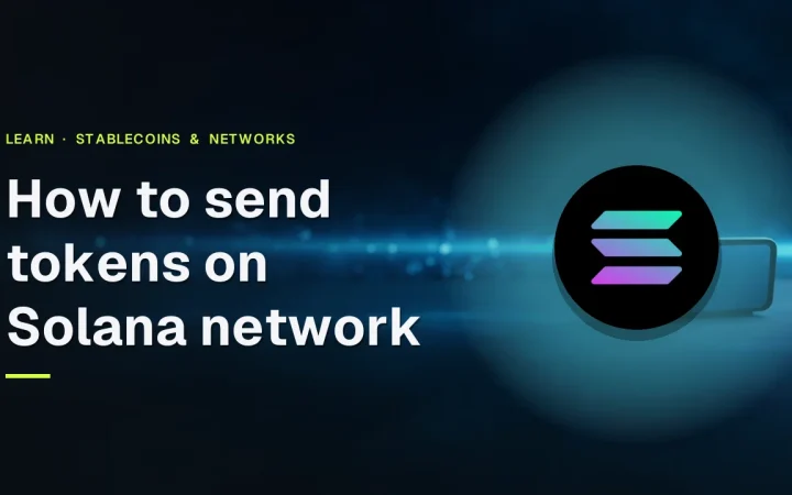 Der Titel Wie man Token im Solana-Netzwerk sendet und das Solana-Logo über einem dunklen Hintergrund mit einer leuchtenden Spur und einer Hardware-Wallet.