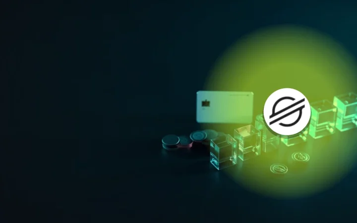 Stellar-logoet over en mørk navybaggrund med glødende teal-glasblokke og tomme mønter.