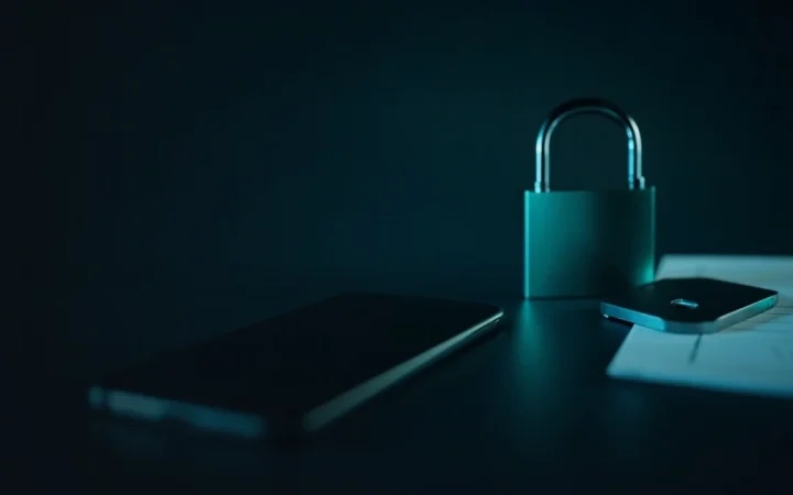 En mørk navy scene med en telefon, hængelås, stålplade og blankt papir til højre, oplyst i teal.
