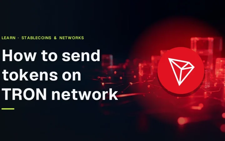 The cover shows the title 'How to send tokens on TRON network' and the TRON logo over a dark navy background with glowing red blockchain elements.
