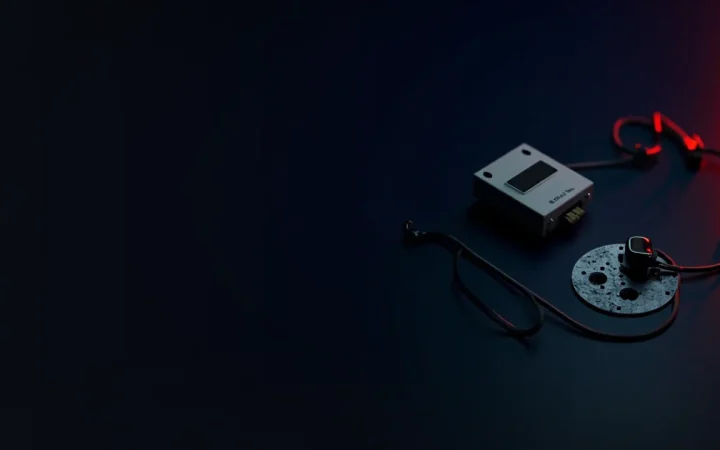 Et skrivebord i mørk navy med en hardware wallet med blank skærm, en stålplade, en hængelås og et skjold oplyst af røde accenter, venstre side tom.