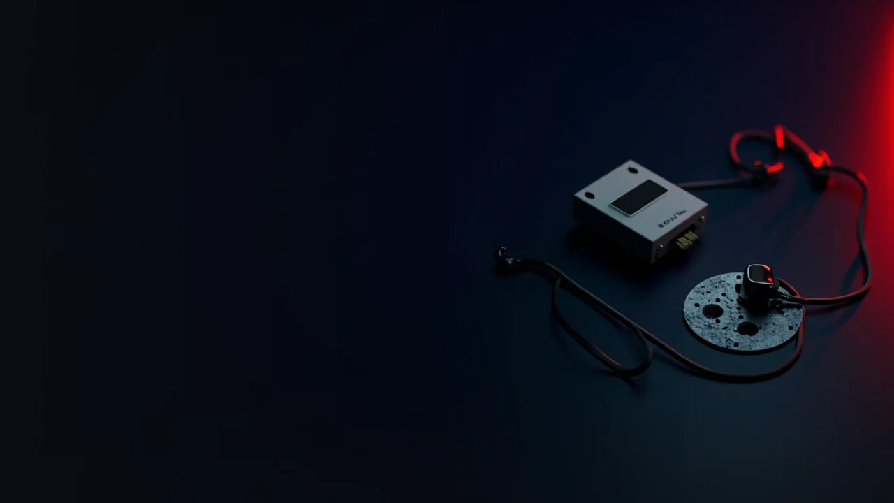 Un escritorio azul marino oscuro con una cartera hardware de pantalla en blanco, una placa de acero, un candado y un escudo iluminados por acentos rojos, con el lado izquierdo vacío.
